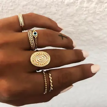 KMVEXO Bohemijos Vintage Gold Pusmėnulio Geometrinis Bendras Opval Žiedas Rinkinys Moterims 2019 Kristalų Saulės Žiedai Šalies Moterų Papuošalai, Dovanos