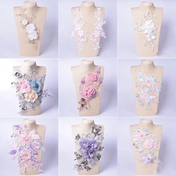 Spalvinga 3D Gėlių Nėrinių Audinys, Karoliukai China Siuvinėta Suknelė Appliques Apykaklės Siūti Pleistras, Vestuvių Dekoravimas 