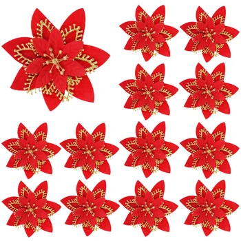 10 Vnt Kalėdų Blizgučiai Poinsettia Gėlės, Dekoratyviniai Dirbtinės Gėlės, Kalėdų Eglučių Papuošalai 13cm dirbtiniais šilko gėlių 11153