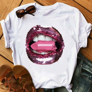Marškinėlius kpop korėjos stilių t shirts kawaii gražus Lūpų t shirt grafikos tees moterų drabužių lūpų makiažas vasaros meno aukščiausios viršūnės