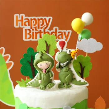 Žalia Oranžinė Molio Animacinių filmų Dinozaurų Kokosų Medžių Lapų Berniuko Gimtadienio Tortas Topper Desertas Apdaila