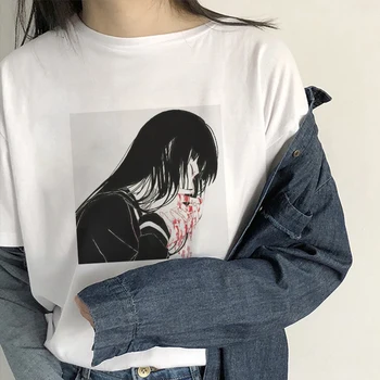 Japonų Anime Stiliaus Grafika Print T-shirt Moterims, Animacinių filmų Kawaii Girl Baltos Viršūnės Marškinėlius Harajuku Estetinės O Kaklo Moterų Marškinėliai 11932