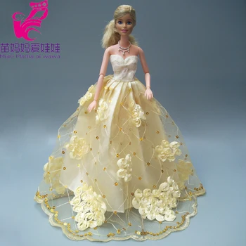 Aukso spalvos nuotakos suknelė barbie lėlės gėlių vestuvių suknelė su skraiste lėlės priedai 14290