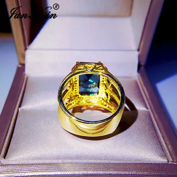 Prabanga Geometrinis Aikštėje Kristalų Geltonos Aukso Žiedus Moterims, Vyrams Big Blue Stone Vestuvių Juostas Vestuvinis Žiedas Žada CZ Papuošalai 16794