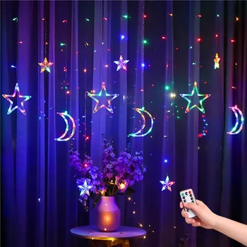 220V ES Plug Moon Star LED Užuolaidų Žiburiai Kalėdų Pasakos Girliandas Lauko LED Šmėžavimas String Šviesos Šventė, Festivalis Apdaila 21587