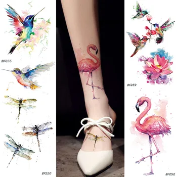 Akvarelė Netikrą Flamingo Laikina Tatuiruotė Lipdukai HummingBirds Dragonfly Netikrą Tatoos Vandeniui Kūno Meno, Ginklų Tatuiruotė 2345