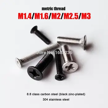 50pcs Mini Micro Maža Juoda A2 304 Nerūdijančio plieno, su Metriniu Sriegiu Phillips Butas įleidžiama galvute Varžtas Varžtas M1.4 1.6 2 2.5 3