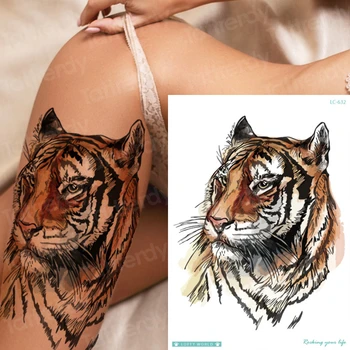 Laikina tatuiruotė liūto galva genčių vyrai netikrą tatuiruotę, tigras, vilkas gyvūnų liūtas tatuiruotės pramoniniam dizainui laikiną kūno tatuiruotė seksualu vandeniui