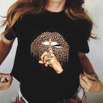 ZOGANKIN Kietas Streetwear Moterų Black T-shirt Leopard Lūpų Spausdinti Harajuku Moterys Vasarą Medvilnės Marškinėliai Femme Viršūnės