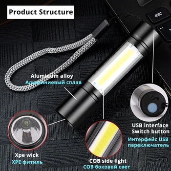 USB Įkraunamas Žibintuvėlis 3 Apšvietimo Režimas COB+XPE LED Mini Žibintuvėlis atsparus Vandeniui Nešiojamų Naudojami kempingas, dviračiai, darbas ir kt 4691