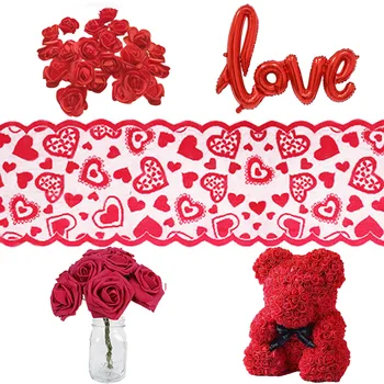 Valentino Dieną-Raudonos Širdies staltiesė, Vienkartiniai Staltiesė Bėgikas, Jubiliejų, Vestuvių Valentino Gimtadienio Apdaila 4745