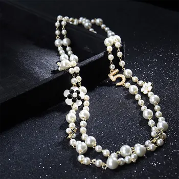 Ilgus karolius, sluoksniuotos Camellia perlų vėrinį collares de moda raidžių Skaičius 5, gėlių šaliai, papuošalai
