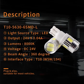 4PCS T10 W5W LED Automobilių dega 194 168 Licencijos numerio ženklo Žibintas 2825 Pusėje Lempos Baltos spalvos Kupolas Žemėlapis Mandagumo Lemputes, Sunkvežimių 24V DC 5717