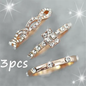 3Pcs/Mados Begalybės Žiedų Rinkinys Moterims Merginos Kristalų Twist Žiedas Porų Aukso Moterų Dalyvavimas Vestuvių Papuošalai 2019 Naujas