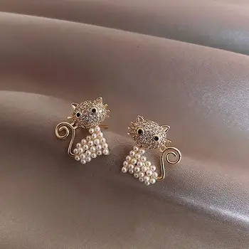 Madinga Perlų Papuošalai Auskarai Katės Formos Balta Perlų, Aukso Stud Auskarai Moterims Vestuves Dovanų Ornamentu