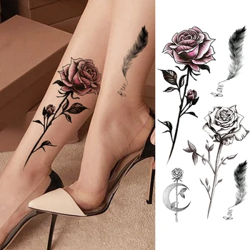 Moterų Mados Gėlių Laikinos Tatuiruotės Lipdukas Netikrą Rose Plunksnų TatooS Decal Vandeniui Kūno Menas Kojos, Rankos Tatoos Moterims