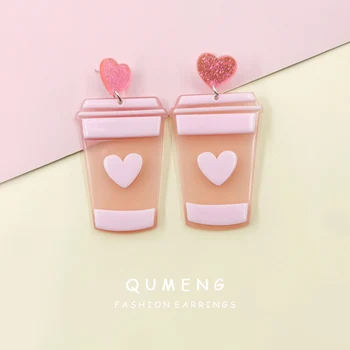 QUMENG 2020 Korėja puikus Saldus pienas, arbata Pakabukas rožinė kavos puodelį, akrilo lašas auskarai moterims, šaliai, aksesuarai dovanos 858