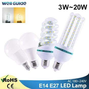 LED Lemputė E27 E14 LED Lempos lemputė 20W 16W 12W 9W 5W 2835SMD AC 220V 240V lampara Energijos taupymo led Kukurūzų lempos Lentelė šviesos Bombillas