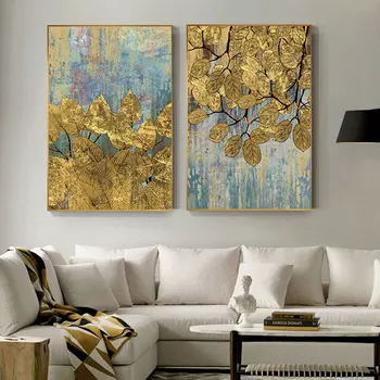Abstrakti Aukso Folijos Lapų Dažymas Plakato spauda Didelis Aukso Wall Art Pic Kambarį Eilėje Cuadros Abstractos Dorados tableaux
