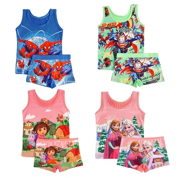 Vaikų Drabužius Vasarą cartoon berankoviai marškinėliai 3-9T berniukai liemenę, Spiderman, Supermeno T marškinėliai Kelnaitės Boksininkai mergaičių Drabužių rinkinys