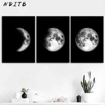 Mėnulio Fazė Galaxy Vietos Meno Plakatas Juoda Balta Nordic Drobė Sienos Spausdinti Minimalistinė Tapyba, Modernus Namo Kambaryje Apdailos Nuotrauką