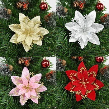 10 Vnt Kalėdų Blizgučiai Poinsettia Gėlės, Dekoratyviniai Dirbtinės Gėlės, Kalėdų Eglučių Papuošalai 13cm dirbtiniais šilko gėlių