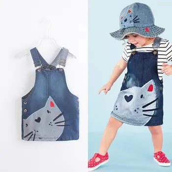 Mielas Spausdinimo Animaciją Kačių Modelio Suknelė Vaikams Baby Girl Dress Džinsinis Kombinezonas Suknelės Petnešos Drabužius Amžiaus 2-7 Metai