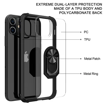 Case For iPhone 11 12 Pro Max 12 Mini 11 XS Max XR 7 8 Plus SE 2020 Metalo Žiedas Turėtojas atsparus smūgiams skaidraus Akrilo Šarvai Dangtis