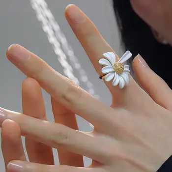2020 Nauja Daisy Gėlių Žiedai Moterims Boho Bižuterijos Paprasta Balta Reguliuojamas Žiedo Atidaryti Dizaino