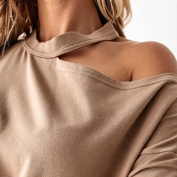 Moterų Mados vientisos Spalvos Off Peties Long Sleeve T-shirt Choker Apynasrio Moterų Drabužių блузка женская ropa de mujer 2020 m.