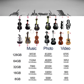 JASTER USB 2.0 8 stilių muzikos instrumentų pen ratai 4 GB 16GB 32GB 64GB USB flash drive, smuikas / piano / gitara / klavišiniai
