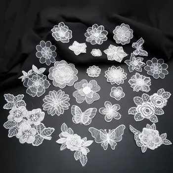 Geležies arba siūti nėrinių išsiuvinėti pleistrai balta skaidri organza gėlių drugelis appliques drabužių juostelės ant drabužių 