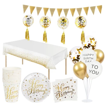 Aukso gimtadieniu Suaugusiųjų & vaikai gimimo dieną apdailos Vakarienę Popieriaus plokštė taurės staltiesė, vienkartiniai indai, Banner set