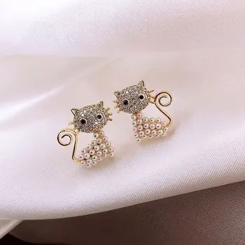 Madinga Perlų Papuošalai Auskarai Katės Formos Balta Perlų, Aukso Stud Auskarai Moterims Vestuves Dovanų Ornamentu