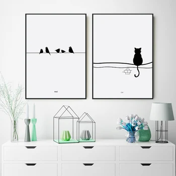 Minimalistinio Modernaus Dekoro Poster Black & White Tapybos Gyvūnų Sika Elniai Paukščių Katė Drobės Tapybos Namų Puošybai Fono Sienos