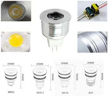 1W 3W LED Lemputė MR11 12V Pritemdomi 35mm Mini Prožektorius Lemputė GU5.3 GU10 E27 COB Lempos 110V, 220V