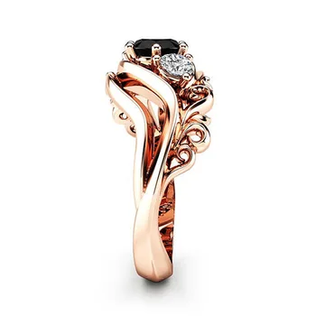 Huitan Ragana Žiedas Unikalus Juodasis Akmuo Šakės Nustatymas Twist Juostos Dizainas Rose Aukso Spalvos Moterys Piršto Sužadėtuvių Žiedai Didmeninė