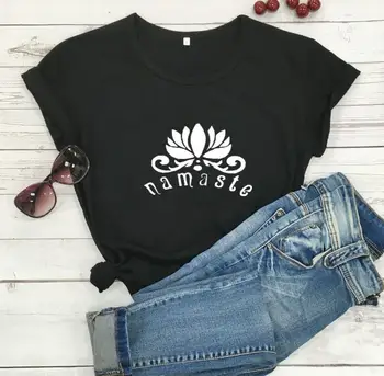 Medvilnės Moterų Marškinėliai Namaste Lotus Išspausdintas Ponios Marškinėlius Trumpomis Rankovėmis Tee Marškinėliai Moterims, Moterų Topai Drabužius Camisetas Mujer