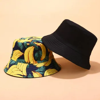 Bananų Grįžtamasis Kibiro Kepurę Hip-Hop Vaisių Spausdinti Dvi Šoninės Dėvėti Vasarą Žvejo Kepurė Medvilnė Paplūdimio Panama Sunhat Moterų Skrybėlę, Bob