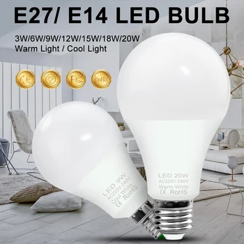 Dėmesio E27 LED Lempa, LED Lemputė E14 Bombilla 220V LED Lemputės, Šviesos, 3W 6W 9W 12W 15W 18W 240V 20W Lampada Patalpų Apšvietimas 2835SMD