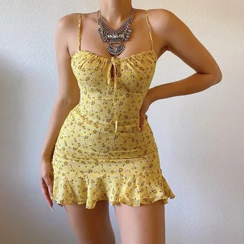 MoneRffi 2021 M. Vasarą V Kaklo Gėlių Spausdinti Suknelė Moterims Off Peties Pynimas Šalis Suknelė Su Sexy Nėrinių-Up Backless Mini Suknelės Vestidos