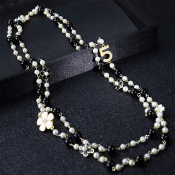 Ilgus karolius, sluoksniuotos Camellia perlų vėrinį collares de moda raidžių Skaičius 5, gėlių šaliai, papuošalai
