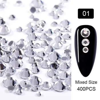 400PCS 3D Kristalų, Cirkonio Aukso Skiedra Spalvos Nagų Dailės Papuošalų Derinys Dydžių 
