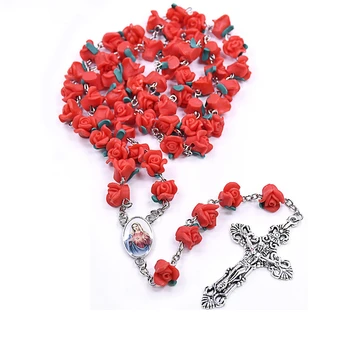QIGO Kristaus Papuošalai Raudona Polimero Molis Rose Kryžiaus Rožinio Vėrinį