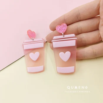 QUMENG 2020 Korėja puikus Saldus pienas, arbata Pakabukas rožinė kavos puodelį, akrilo lašas auskarai moterims, šaliai, aksesuarai dovanos