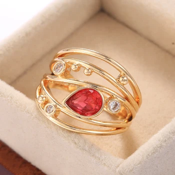 Huitan Mada 5 Eilės Tuščiaviduriai Juostos Dizainas Inkrustacijos Red Crystal Cirkonis Puošnus Žiedas Moterims Vestuvių Šokio Grupė Stilingas Papuošalai
