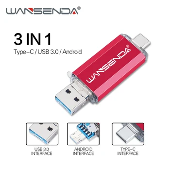 Wansenda 3-in-1 USB Flash Drive USB 3.0 & Type-c & 512 gb Micro USB 256 GB 128GB Pendrive 64GB 32GB OTG Pen Drive, Memory Stick