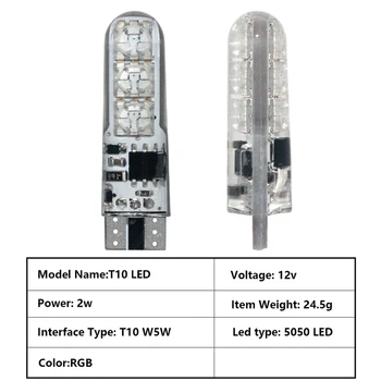 2vnt T10 w5w RGB LED Lemputė 12SMD COB canbus 194 168 Automobilis Su Nuotolinio valdymo pultelį 