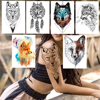 PASIDARYK pats Geometrinis Vilkas Laikinos Tatuiruotės Moterys Vyrai Body Art Arm Tatuiruotės Lipdukas Realus Netikrą Dreamcatcher Coyote Gėlių Tatoos