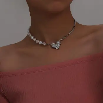 Korėjos Baroko Perlas Kristalų Meilužis Širdies Pakabukas Choker Karoliai Moterų Gotikos Minimalistinio Grandinės Karoliai Vestuvių Papuošalai Dovana